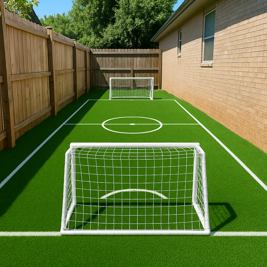 An example visualizer rendering — a backyard mini soccer pitch dropped into a real photo of a yard